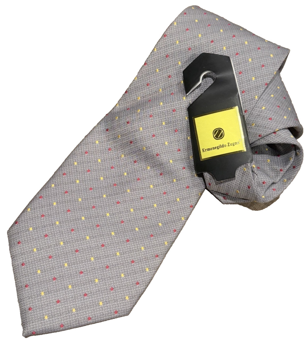 Vintage 90s Ermenegildo Zegna Polka Dot Silk Tie Gray Red Yellow Classy Powerful